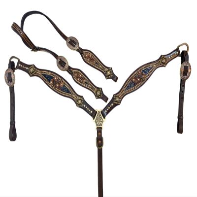 MOUSM Argentina Cow Leather One Ear Headstall for Horses Western Bridle Breast Collar & Cheek Piece Set - Sunflower Tooling with String Conchos Overlay