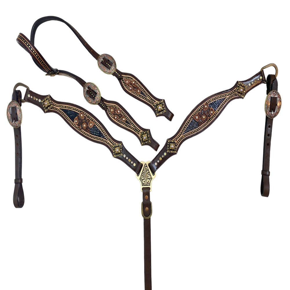 MOUSM Argentina Cow Leather One Ear Headstall for Horses Western Bridle Breast Collar & Cheek Piece Set - Sunflower Tooling with String Conchos Overlay