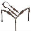 MOUSM Argentina Cow Leather One Ear Headstall for Horses Western Bridle Breast Collar & Cheek Piece Set - Sunflower Tooling with String Conchos Overlay view 1