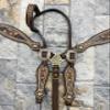 MOUSM Argentina Cow Leather One Ear Headstall for Horses Western Bridle Breast Collar & Cheek Piece Set - Sunflower Tooling with String Conchos Overlay view 3