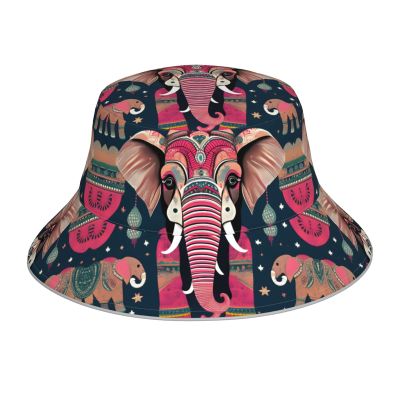 Bucket Hats Double Layered Polyester Twill Fabric Bucket Hat for Men and Women - UV Protection Bohemian Elephant Pattern