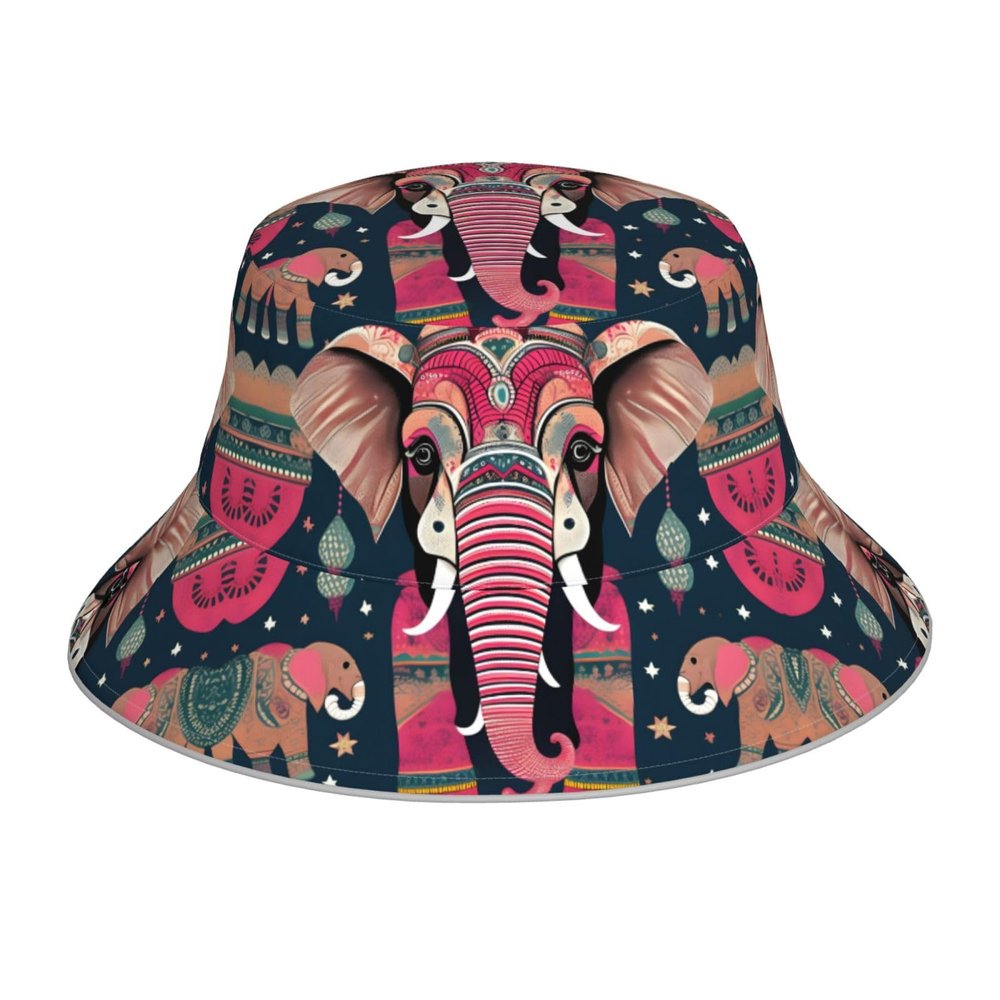 Bucket Hats Double Layered Polyester Twill Fabric Bucket Hat for Men and Women - UV Protection Bohemian Elephant Pattern