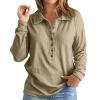 Womens Long Sleeve Waffle Knit Tunic Tops Casual Lapel Long Sleeve Button Up V Neck Henley Shirts Cozy Thermal Pullover Sweater Blouses Khaki view 1