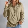 Womens Long Sleeve Waffle Knit Tunic Tops Casual Lapel Long Sleeve Button Up V Neck Henley Shirts Cozy Thermal Pullover Sweater Blouses Khaki view 2