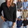 Womens Long Sleeve Waffle Knit Tunic Tops Casual Lapel Long Sleeve Button Up V Neck Henley Shirts Cozy Thermal Pullover Sweater Blouses Khaki view 3