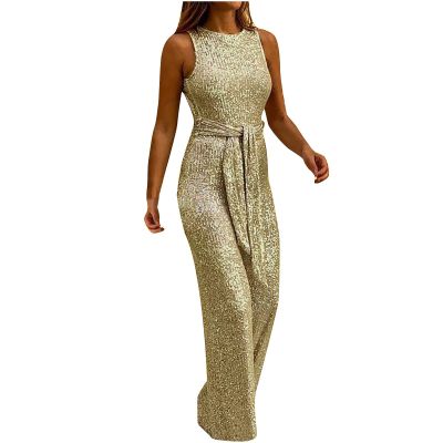 HGps8w Women's Sexy Halter Cowl Neck Sparkly Jumpsuits Clubwear Sleeveless Elegant Sequins Bodycon Wide Leg Pants Rompers