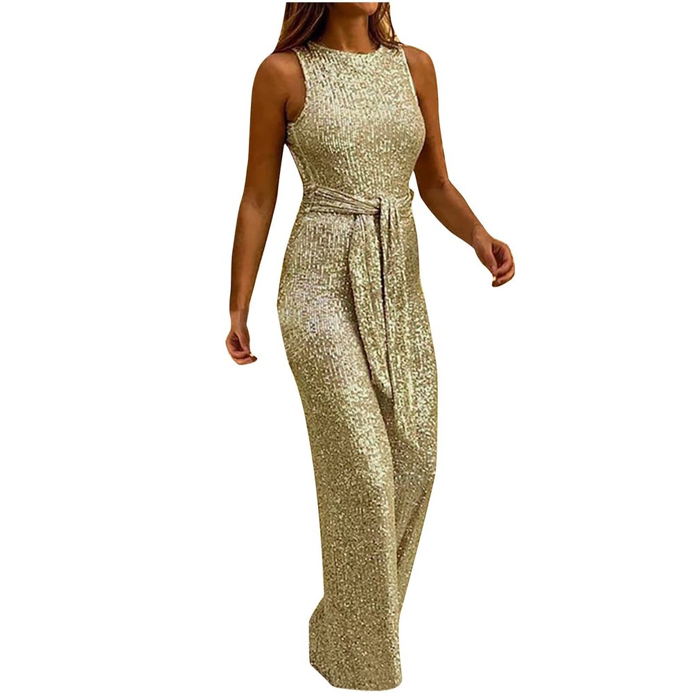 HGps8w Women's Sexy Halter Cowl Neck Sparkly Jumpsuits Clubwear Sleeveless Elegant Sequins Bodycon Wide Leg Pants Rompers