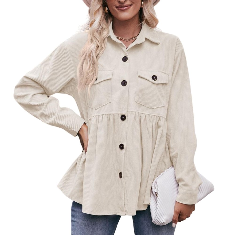 Women's Corduroy Peplum Shirts Button Down Oversized Babydoll Shacket Jacket Top Beige