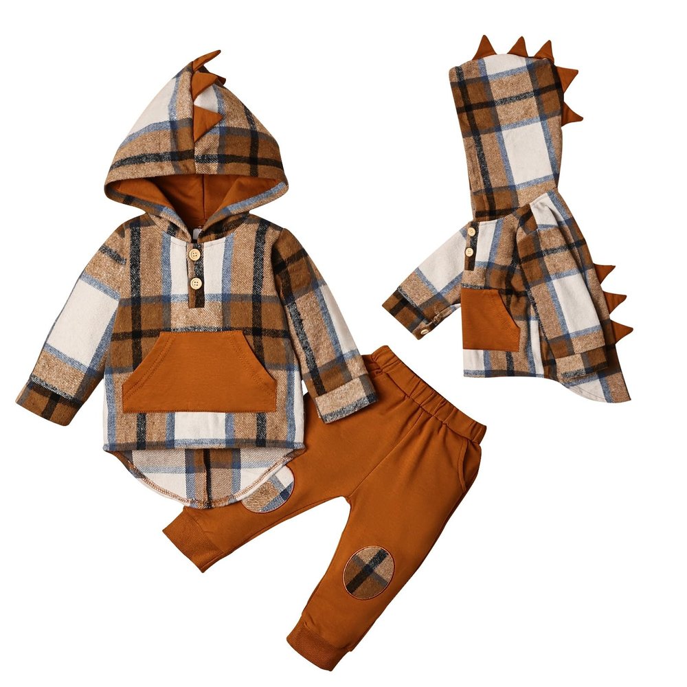 ODIMAME 9-12 Month Boy Clothes Toddler Boy Outfits Long Sleeve Dinosaur Plaid Hoodie Sweatshirt Top and Pocket Pants Fall Winter Clothes Set Yellow 9-12M