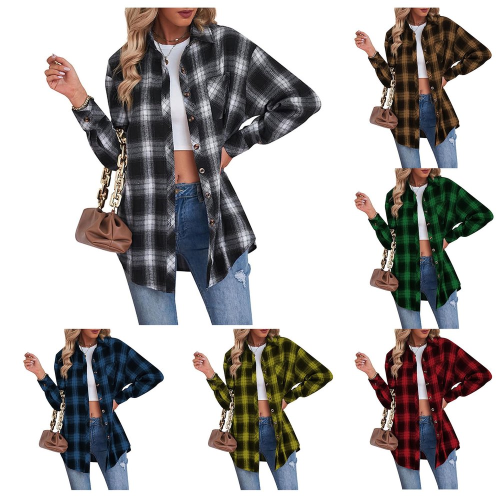 Womens Flannel Plaid Shirts Button Down Shirts Lapel Coats Oversized Long Sleeve Pullover Tops Boyfriend Blouses Black