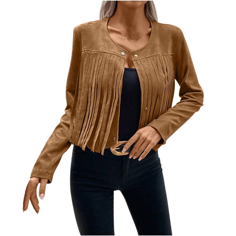 Women Fringe Leather Jacket Crop Tops Tassel Western Cowboy Coats Fashion Teen Girls Hippie Clothes Fall Outfits 2023