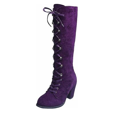 Boots For Women Knee High Black Women's Victorian Knee High Boots Round Toe Chunky Heel Lace Up Vintage Witch Knight Western Combat Boots for Women