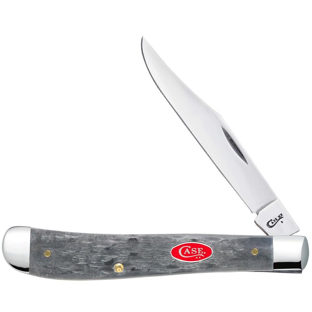 Case XX WR Pocket Knife Slimline Trapper, Gray Jigged Bone W/Red Oval Shield, Item #39973 (61048 SS) 4 1/8 Inches Closed