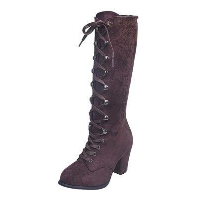 Boots For Women Fashion Mid Calf Women's Victorian Knee High Boots Round Toe Chunky Heel Lace Up Vintage Witch Knight Western Combat Boots for Women