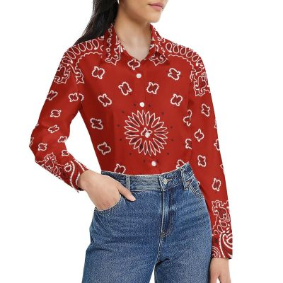 Red Bandana Pattern Women's Long Sleeve Button Down Shirts Casual Blouse Shirt Work Tops M