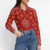 Red Bandana Pattern Women's Long Sleeve Button Down Shirts Casual Blouse Shirt Work Tops M view 2