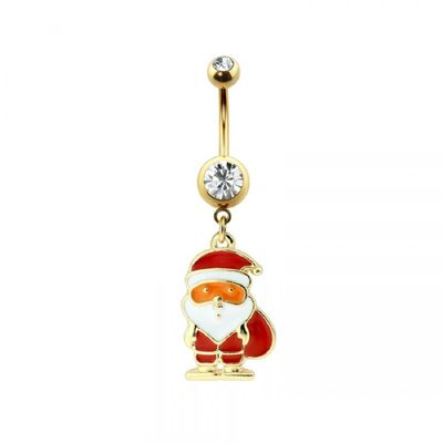 14GA Gold Plated 316L Stainless Steel CZ Crystal Christmas Icon Dangling Belly Button Ring (Santa)