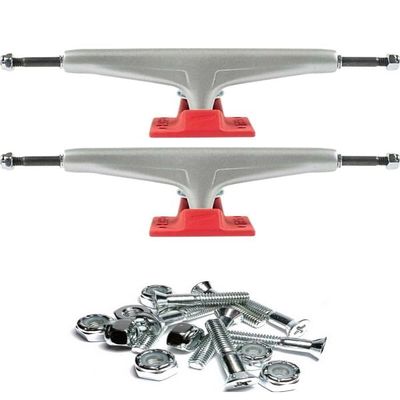 Warehouse Skateboards Tensor Trucks Mag Light Reflect Silver/Red Skateboard Trucks - 5.5" Hanger 8.25" Axle with 1" Chrome Hardware - Bundle of 2 Items