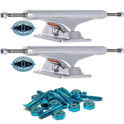 Warehouse Skateboards Independent Truck Company Stage 11-129mm Mid Silver Skateboard Trucks - 5.0" Hanger 7.6" Axle with 1" Anodized Blue Hardware - Bundle of 2 Items