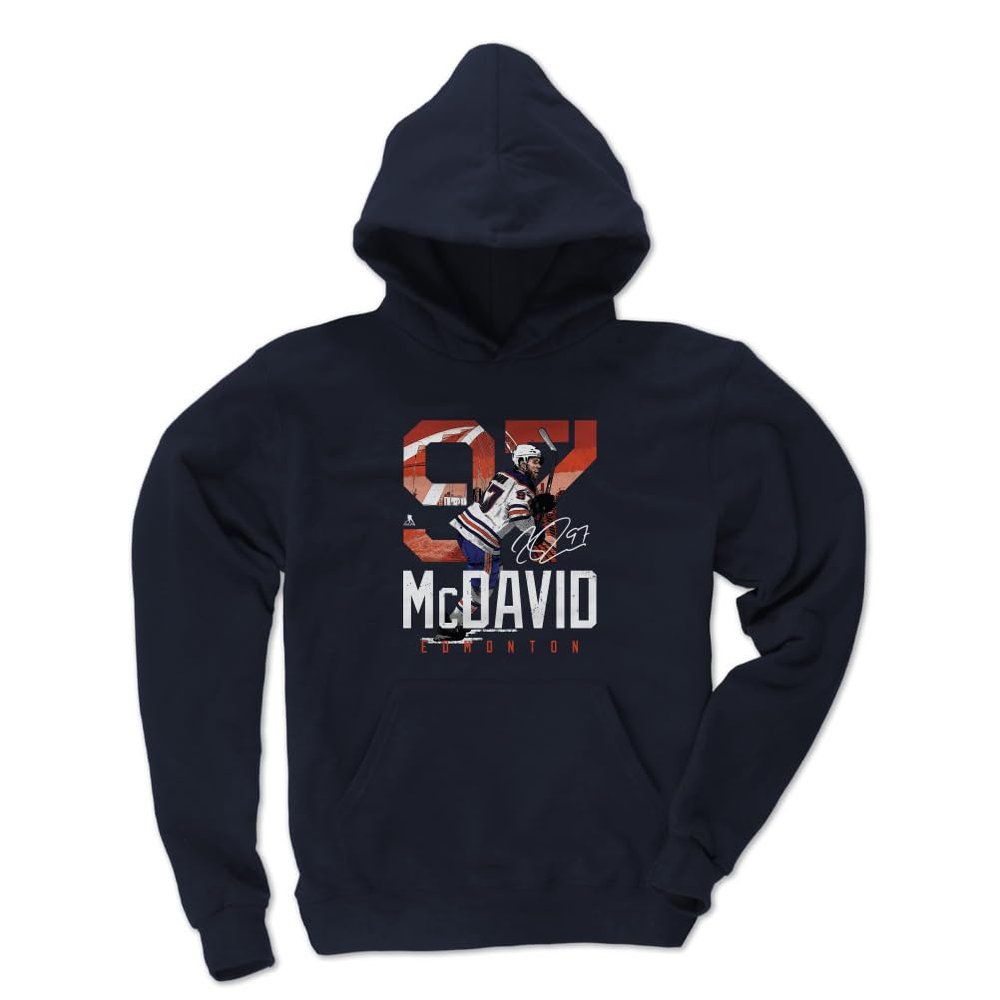 500 LEVEL Connor McDavid Youth Sweatshirt (Youth Hoodie, Medium, Navy) - Connor McDavid Edmonton Landmark WHT