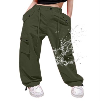 Cromoncent Girls High Waist Parachute Pants Y2K Cargo Trousers with Pockets, Army Green, 11-12 Years = Tag 160