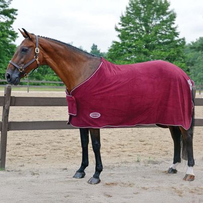 Country Pride Deluxe Micro Fleece Show Cooler, Horse Blanket, Single Buckle Front, Belly Surcingle, Silver Corded Trim, Flower Braid Hip, Show-Ready & Comfortable (Burgundy, Medium)