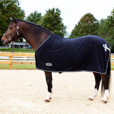 Country Pride Deluxe Micro Fleece Show Cooler, Horse Blanket, Single Buckle Front, Belly Surcingle, Silver Corded Trim, Flower Braid Hip, Show-Ready & Comfortable (Navy Blue, X-Large)