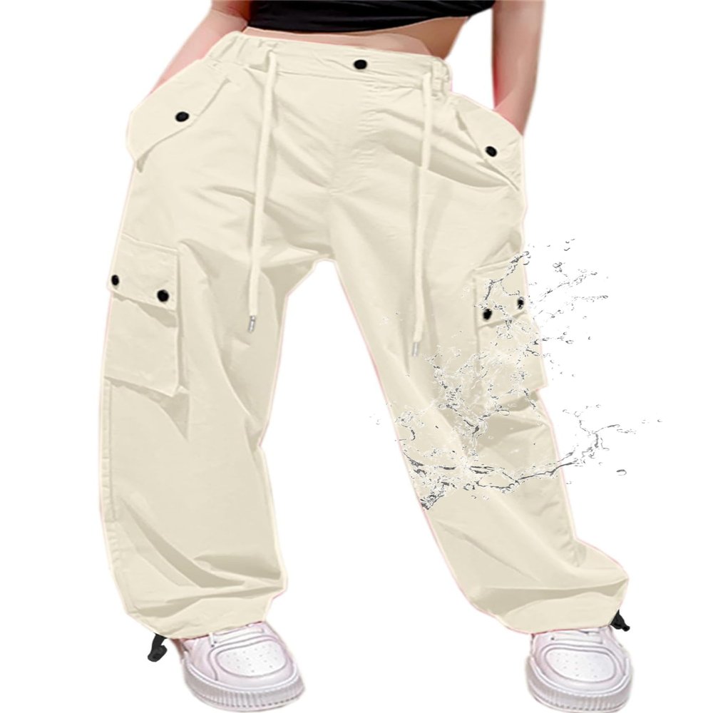 Cromoncent Girls High Waist Parachute Pants Y2K Cargo Trousers with Pockets, Beige, 6-7 Years = Tag 130