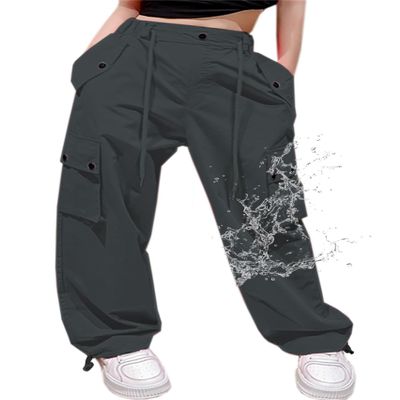 Cromoncent Girls High Waist Parachute Pants Y2K Cargo Trousers with Pockets, Dark Gray, 11-12 Years = Tag 160
