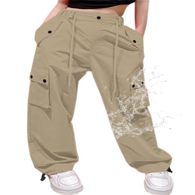 Cromoncent Girls High Waist Parachute Pants Y2K Cargo Trousers with Pockets, Khaki, 7-8 Years = Tag 140