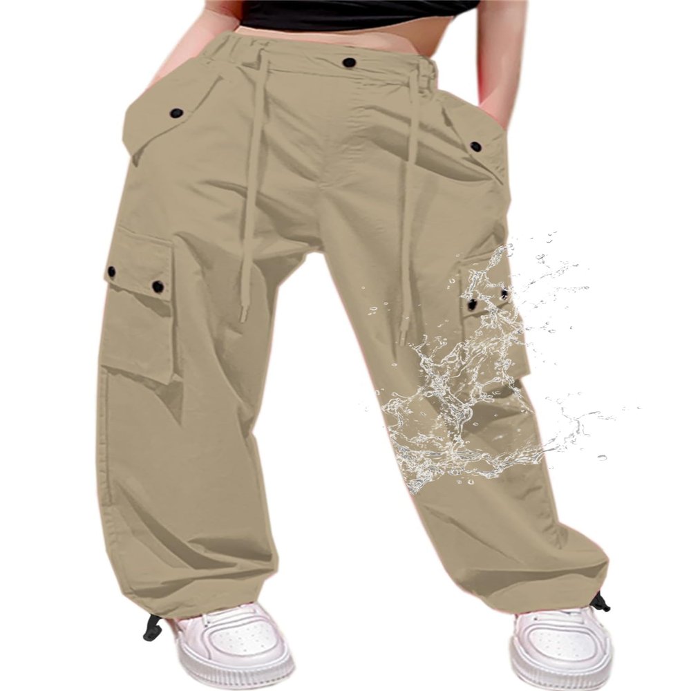 Cromoncent Girls High Waist Parachute Pants Y2K Cargo Trousers with Pockets, Khaki, 7-8 Years = Tag 140