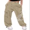 Cromoncent Girls High Waist Parachute Pants Y2K Cargo Trousers with Pockets, Khaki, 7-8 Years = Tag 140 view 1