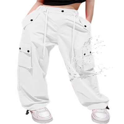 Cromoncent Womens High Waist Parachute Pants Y2K Cargo Trousers with Pockets, White, M