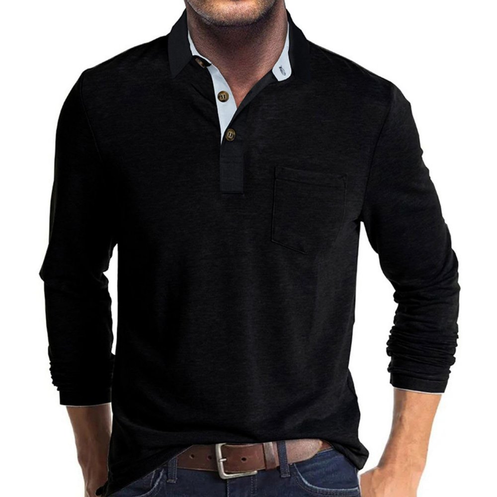 Men's Casual Polo Shirts Classic Button Basic Long Sleeve Shirt Solid Color Cotton Tees Stylish Tops Black
