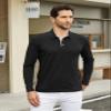 Men's Casual Polo Shirts Classic Button Basic Long Sleeve Shirt Solid Color Cotton Tees Stylish Tops Black view 2