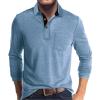 Men's Casual Polo Shirts Classic Button Basic Long Sleeve Shirt Solid Color Cotton Tees Stylish Tops Blue view 1