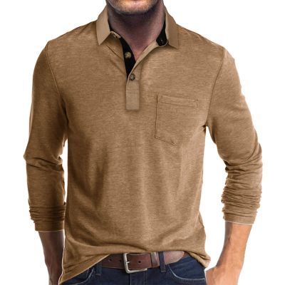 Men's Casual Polo Shirts Classic Button Basic Long Sleeve Shirt Solid Color Cotton Tees Stylish Tops Khaki