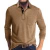 Men's Casual Polo Shirts Classic Button Basic Long Sleeve Shirt Solid Color Cotton Tees Stylish Tops Khaki view 1