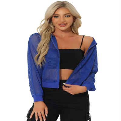 Allegra K Mesh Sheer Jacket for Women Long Sleeve Hoodie Zipper Up Lightweight Casual Outwear Night Out Party Outfit X-Small Blue