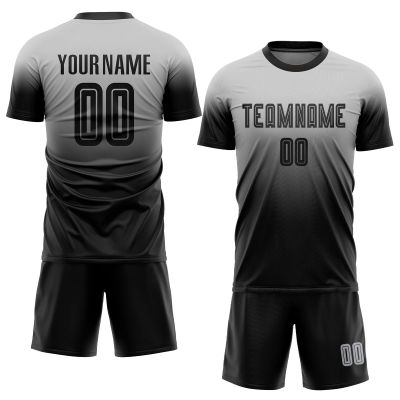 Custom Soccer Jerseys Personalized Football T Shirts and Shorts Set Printed Team Name Number Logo, Grey Black Round-Neck Short Sleeve Uniforms for Men/Women/Youth Boys