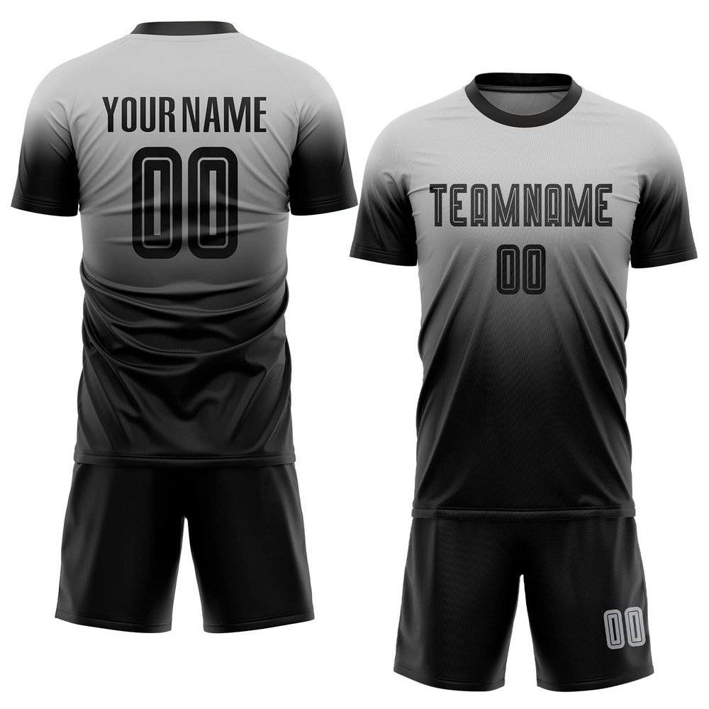 Custom Soccer Jerseys Personalized Football T Shirts and Shorts Set Printed Team Name Number Logo, Grey Black Round-Neck Short Sleeve Uniforms for Men/Women/Youth Boys