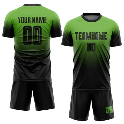 Custom Soccer Jerseys Personalized Football T Shirts and Shorts Set Printed Team Name Number Logo, Black Green Round-Neck Short Sleeve Uniforms Fade for Men/Women/Youth/Teens Boys Girls