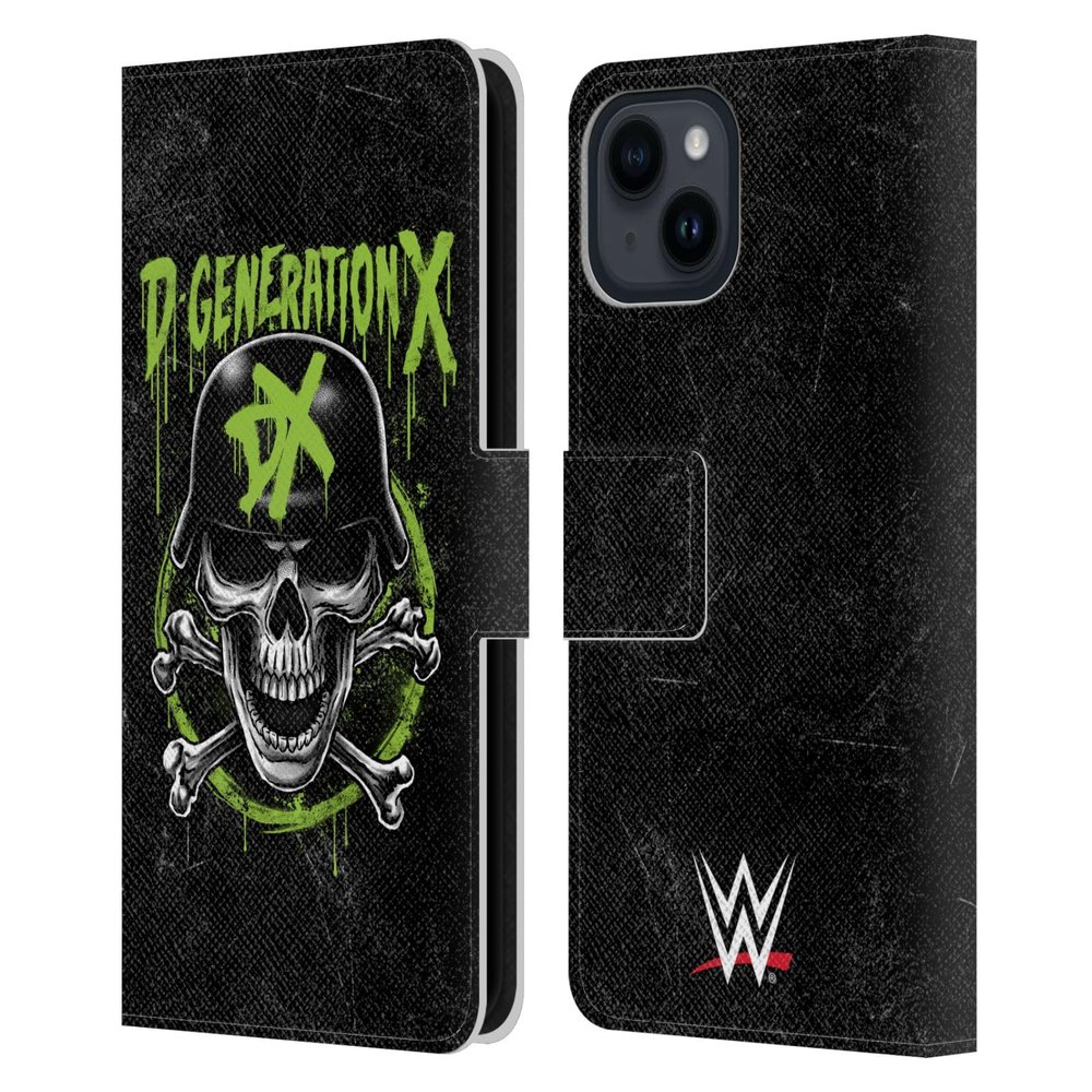 Head Case Designs Officially Licensed WWE Skull D-Generation X Leather Wallet Case Compatible with Apple iPhone 15