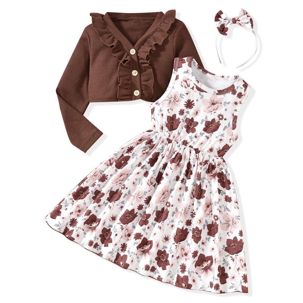 18 Month Infant Toddler Baby Girls Dress with Cardigan Floral Flower Print Sleeveless Brown Dress and Long Sleeve Waffle Cardigan Set Fall Winter Outfits 18-24 Months