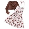 18 Month Infant Toddler Baby Girls Dress with Cardigan Floral Flower Print Sleeveless Brown Dress and Long Sleeve Waffle Cardigan Set Fall Winter Outfits 18-24 Months view 1