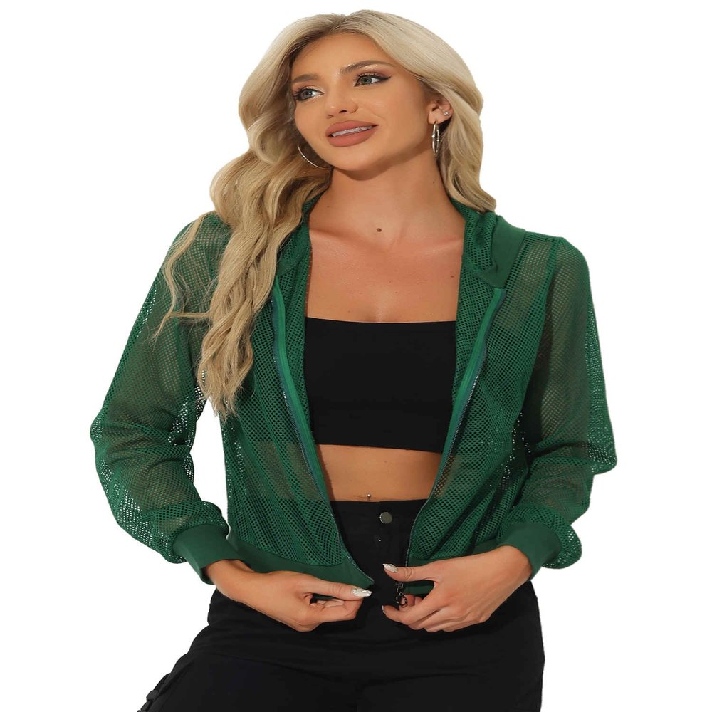 Allegra K Mesh Sheer Jacket for Women Long Sleeve Hoodie Zipper Up Lightweight Casual Outwear Night Out Party Outfit Small Dark Green