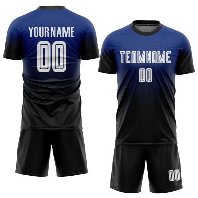 Black and Royal Blue Gradient Soccer Jerseys Sets Custom Team Uniform Round Neck T Shirt and Shorts for Adults Teens Youth Kids, Design Casual Sports Tees Gifts for Dad Son Family Team Friends