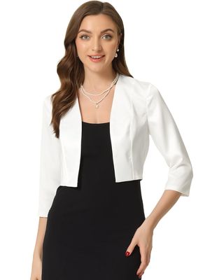 Allegra K Satin Cardigan for Women's 3/4 Sleeve Open Front Cropped Office Work Bolero Shrug X-Small White