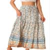 Allegra K Boho Maxi Skirt for Women's 2024 Summer Peasant Floral Printed Elastic Waist A Line Long Skirt Medium Beige