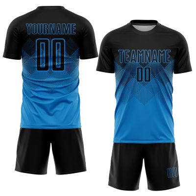 Custom Soccer Jerseys Sets Light Blue and Black Personalized Round Neck Team Uniforms for Men Youth Women, Design Your Own Casual Sports T-Shirt and Shorts with Name Number Print Front and Back